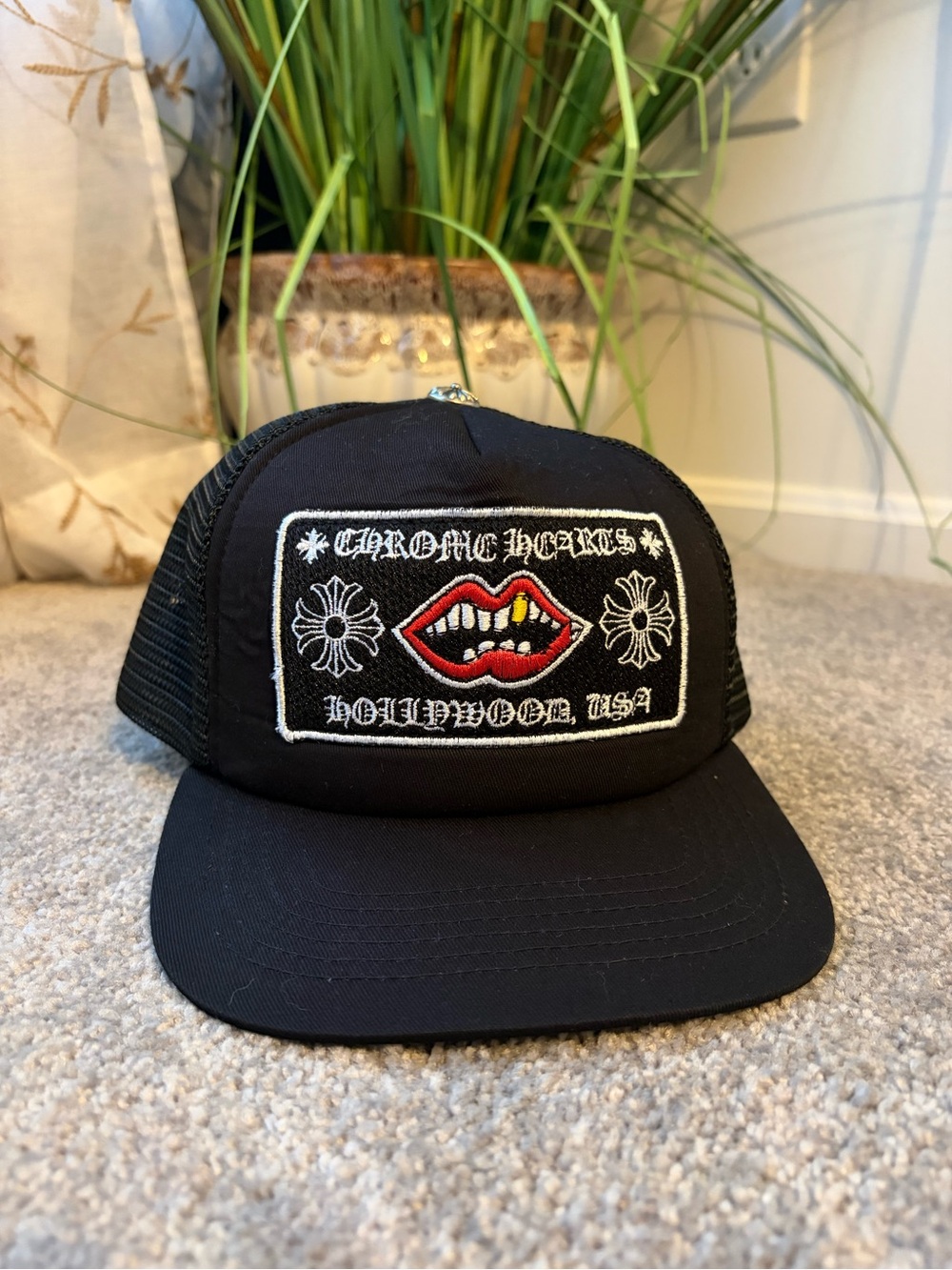 Chrome Hearts Black Trucker Hat with Red Lip Patch